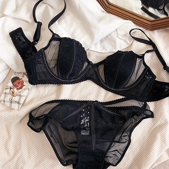 French Smooth Anti-Sagging Lace Trim Sexy Breathable Gathering for Women Soft Bra Ultra-Thin Set Sexy Underwear Lingerie
