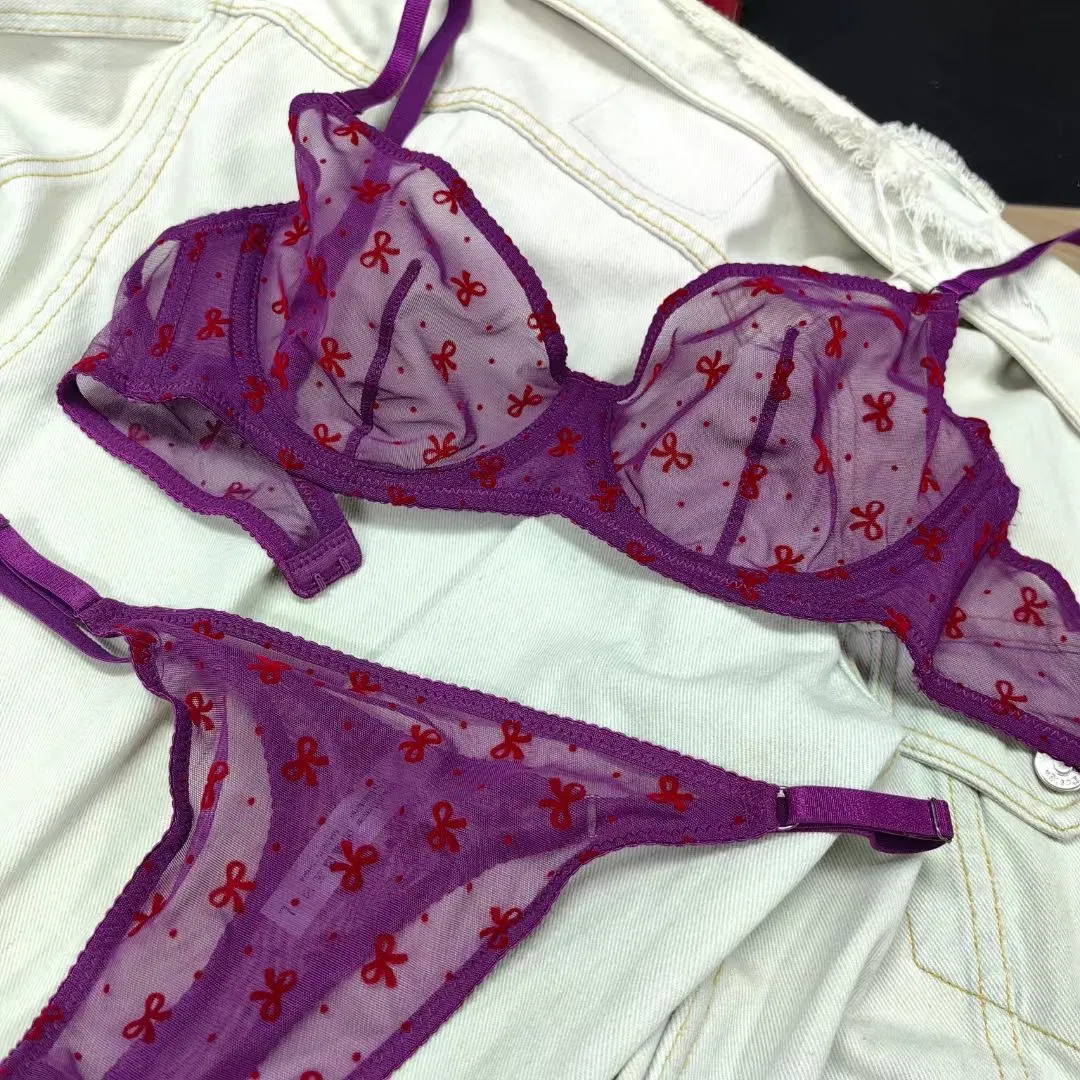 Classic Bow Pattern Printed Underwear Mesh Perspective Temptation Sexy Women Lingerie