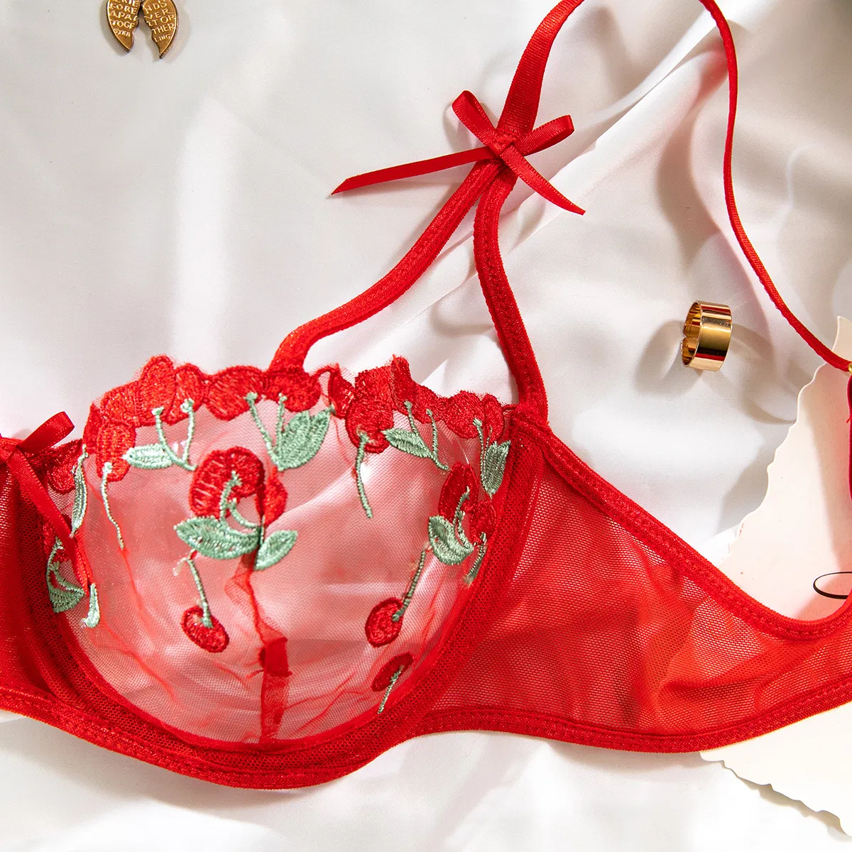New Floral Embroidery Ultra Thin 2PCS Underwear Set for Woman Sexy Transparent Lingerie