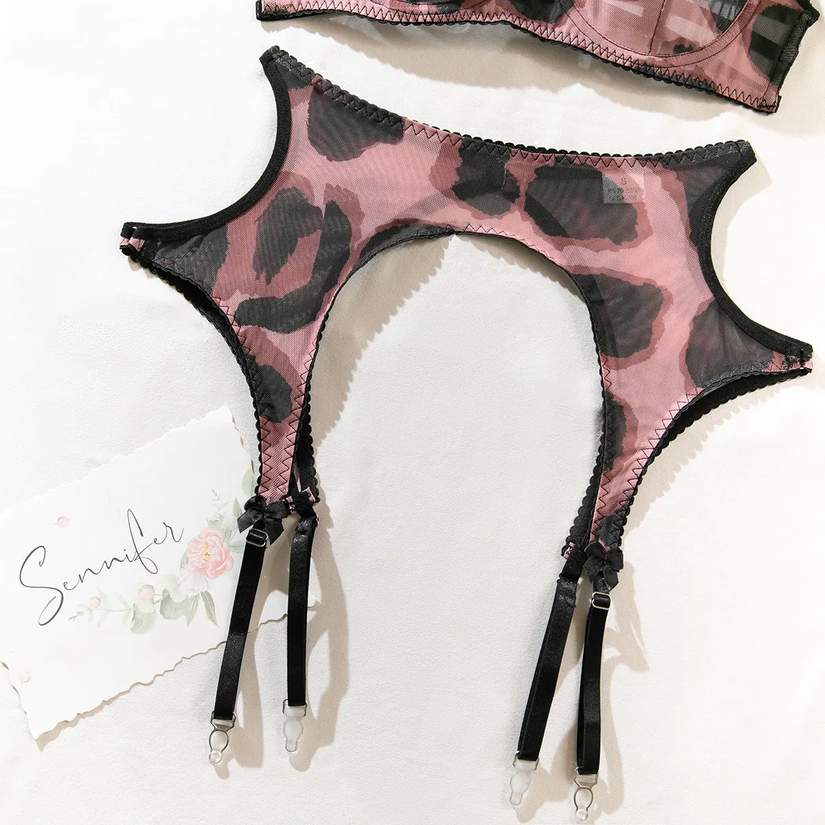 New Design Leopard Print Bra Set with Stockings Wholesale Sexy Transparent Mesh Woman Lingerie