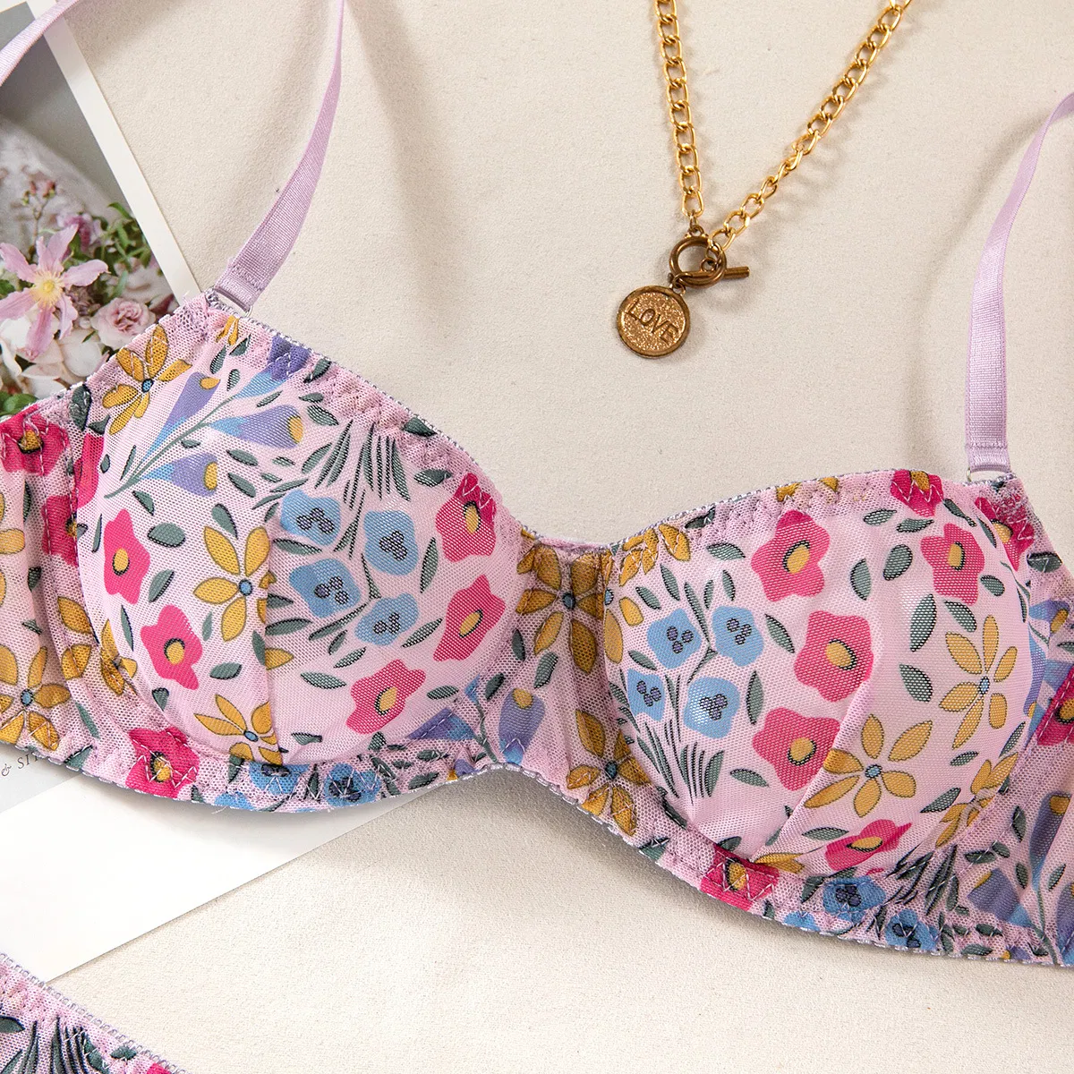 Wholesale Erotic Women's Underwear Set Sexy Floral Print Ultral-Thin 2PCS Lingerie