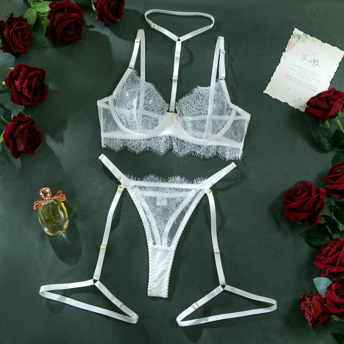 Sexy Hanging Neck Women's Underwear Set Wholesale Erotic Eyelashes Lace Lingerie