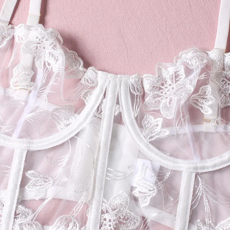 Sexy Embroidered Lace Fishbone Underwear Set Wholesale Transparent Mesh Woman's Lingerie