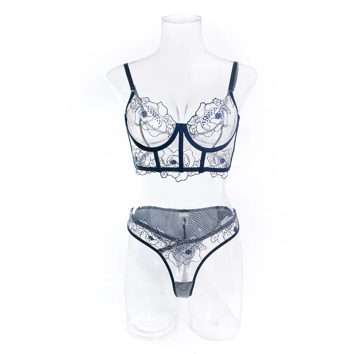 Sexy Fish Bone Embroidered Underwear Set for Woman Wholesale See-Through Mesh Lingerie