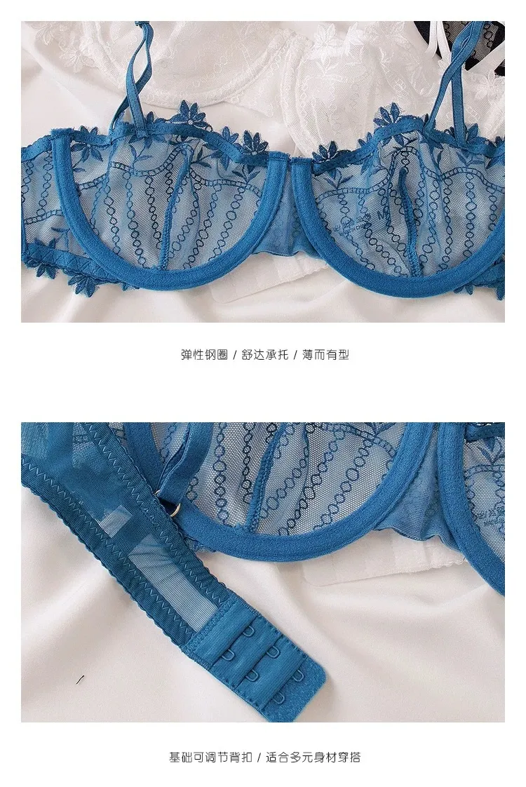 Women Breathable Lace Bra Set Sexy Embroidery Comfort Half Cup See Through Underwear