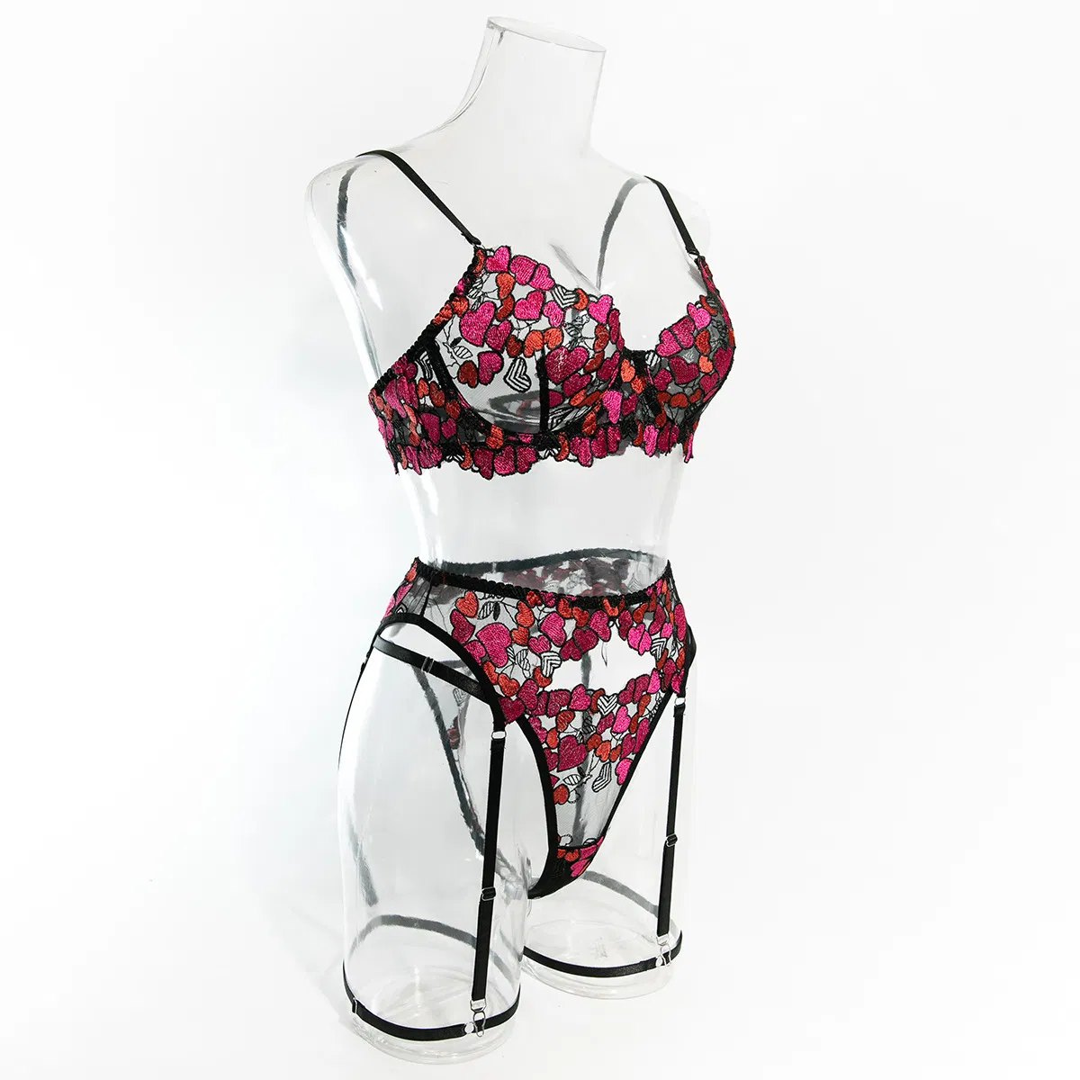 Sexy High Quality Heart-Shaped Embroidery Lace Bra Thong Set Hot Sell Garter Belt Woman Lingerie
