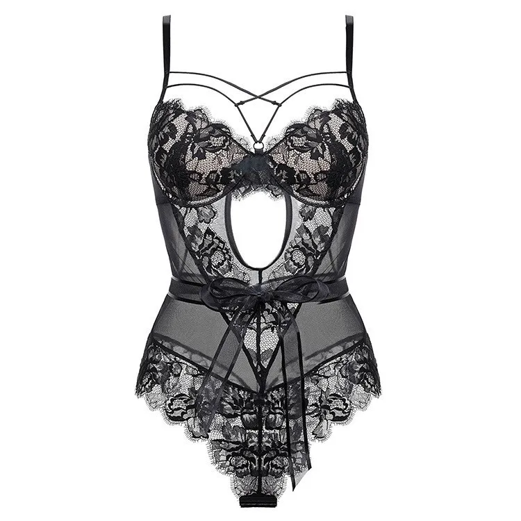 Wholesale Sexy French Bow Transparent Lace Lingerie Factory Directly Women Bodysuit