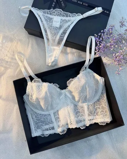 Sexy Erotic Fish-Bone Embroidery Flower Bra Set Wholesale See Through Mesh Woman Lingerie