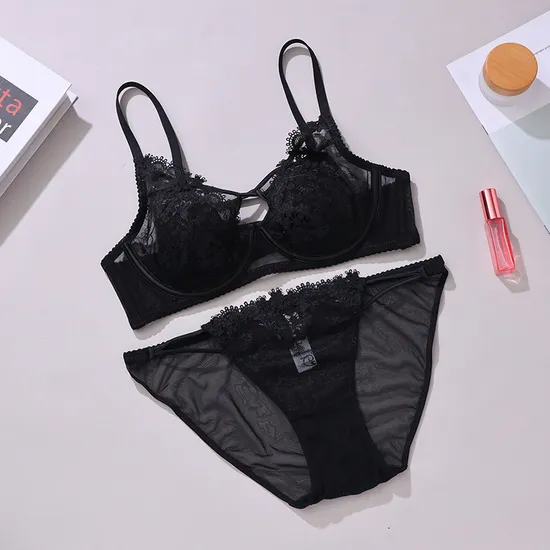 Sexy Cross-Strap Rabbit Ear Cup Lingerie Embroidered Lace Women's Push up Bra Set
