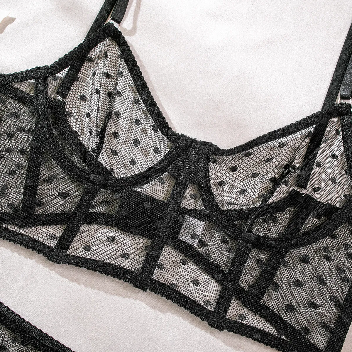 Sexy Fish-Bone Women's Underwear Set Wholesale See-Through Polka Dots Mesh Lingerie