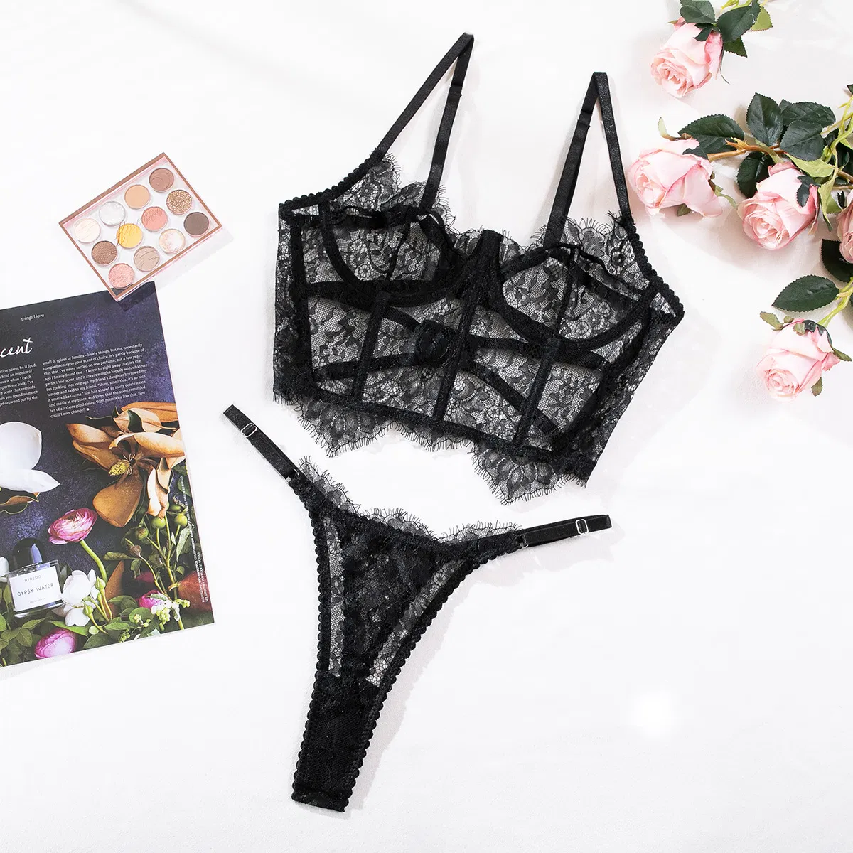 Wholesale Eyelash Lace Fishbone Bra Set Sexy Flower Embroidered See-Through Mesh Lingerie