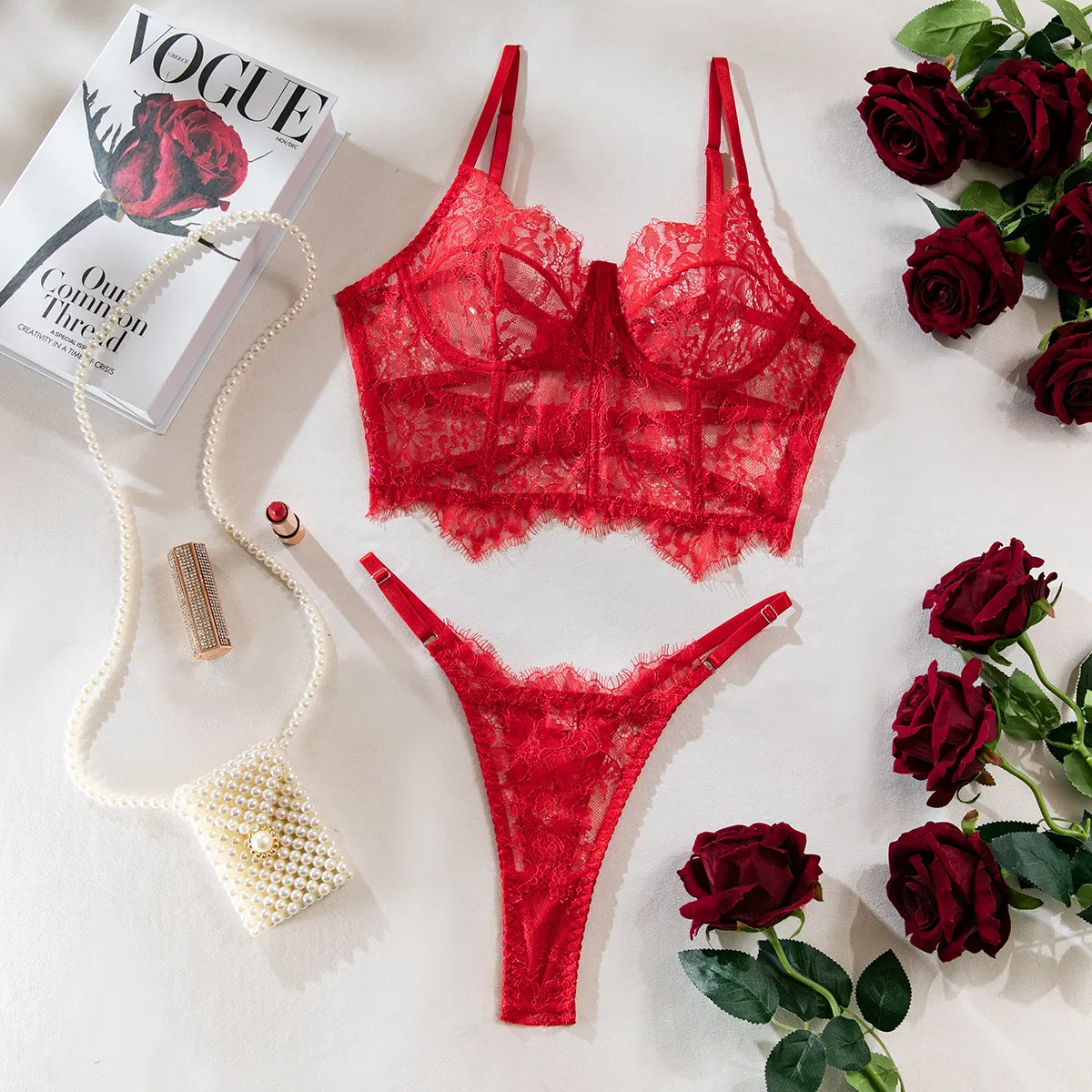 Wholesale Eyelash Lace Fishbone Bra Set Sexy Flower Embroidered See-Through Mesh Lingerie