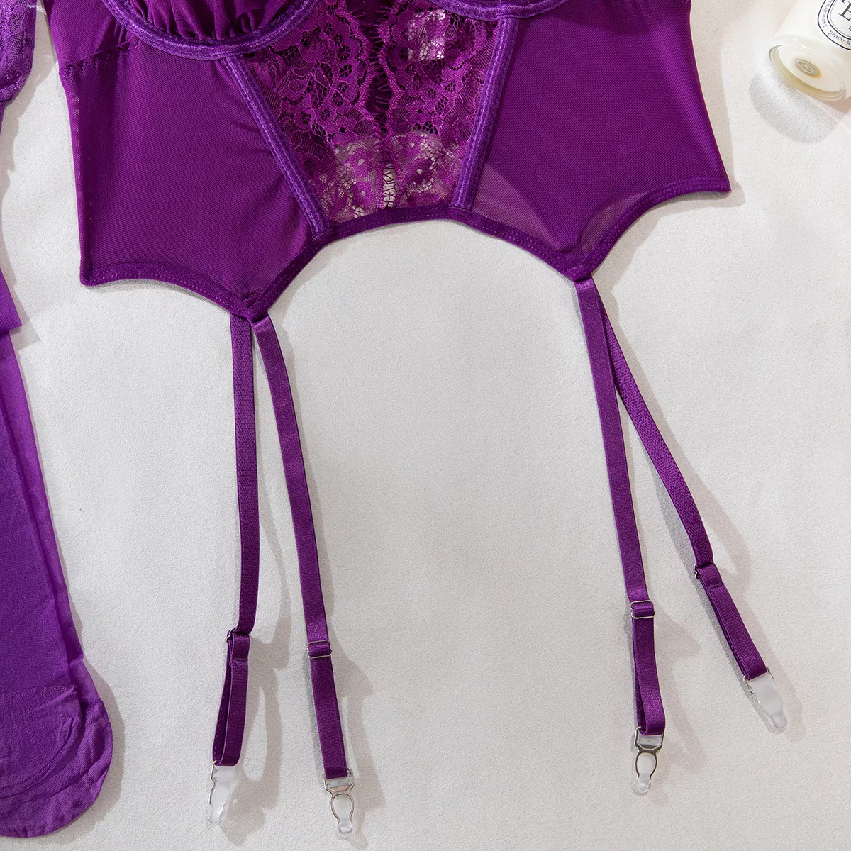 Erotic Sexy Hollow-out See-Thong Underwear Set with Stockings Hot Fish-Bone Woman's Lingerie