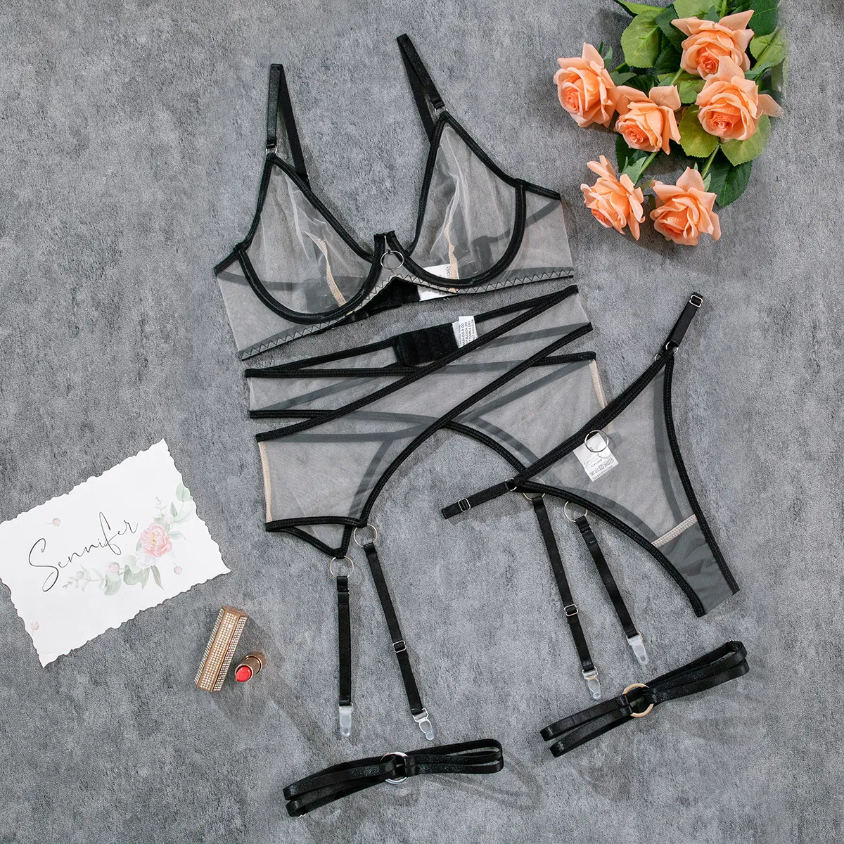 Sexy Transparent Mesh Bra Set with Steel Ring Wholesale Contrast Color 4PCS Woman Lingerie