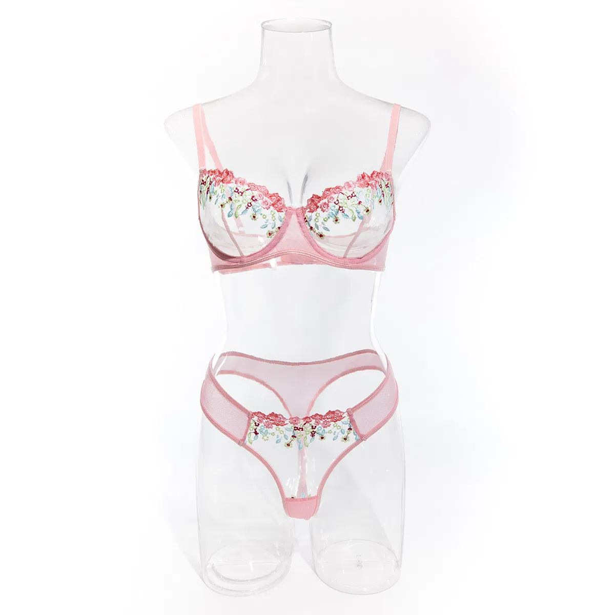 Sexy See-Through Mesh Pink Floral Embroidery Bra Set Hot Selling Women Lingerie