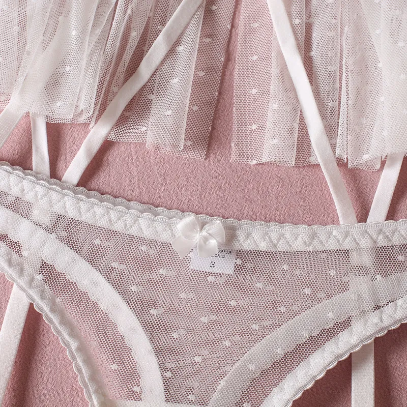 Sexy See-Through Polka Dots Skirt Bra Set Wholesale See-Through Mesh Three Piece Lingerie