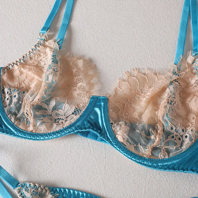 Wholesale Transparent Mesh Underwear Set Sexy Embroidery Floral Lace 2 Piece Lingerie
