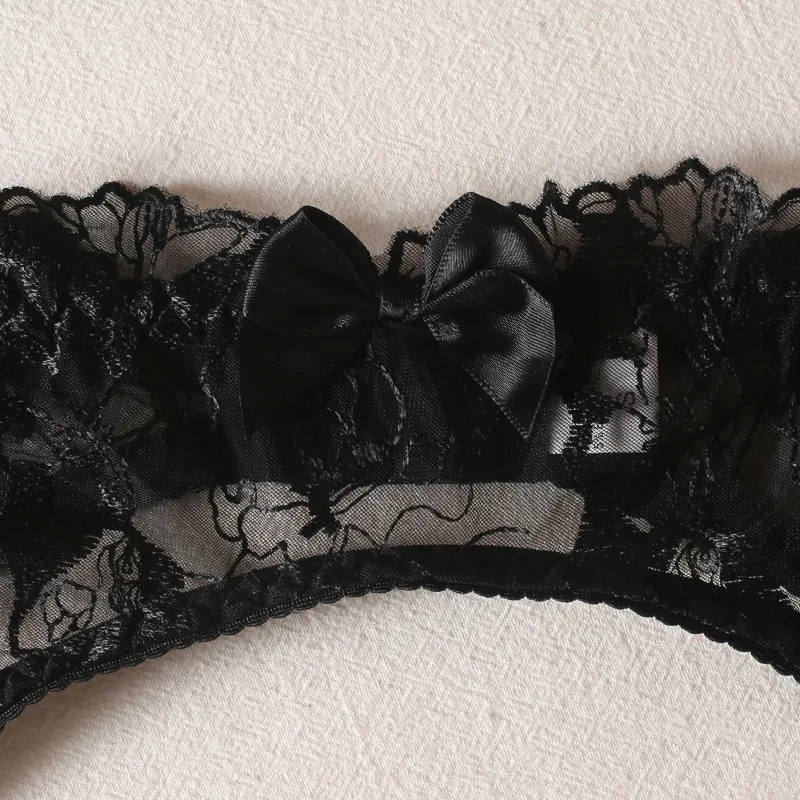 Sexy Embroidery Lace Garters Belt Bra and Panties Set Wholesale See-Through Mesh 3PCS Lingerie