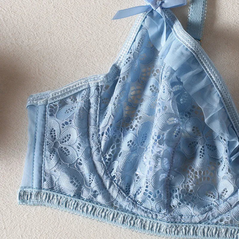 Sexy See-Through Ruffles and Bows Bra Set Hot Selling Delicate Solid Color Woman Lingerie