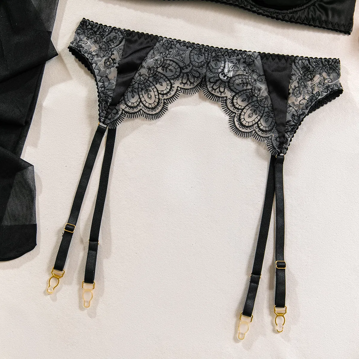 Sexy Floral Embroidery Lace Underwear Set Wholesale Perspective Mesh 4-Piece Lingerie
