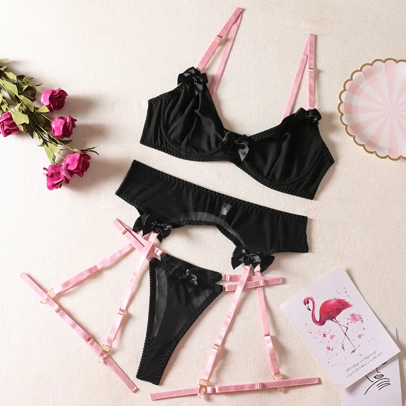 Sexy Bowknot Transparent Mesh Color Contrast Bra Set Hot Selling Garter Belt Woman Lingerie