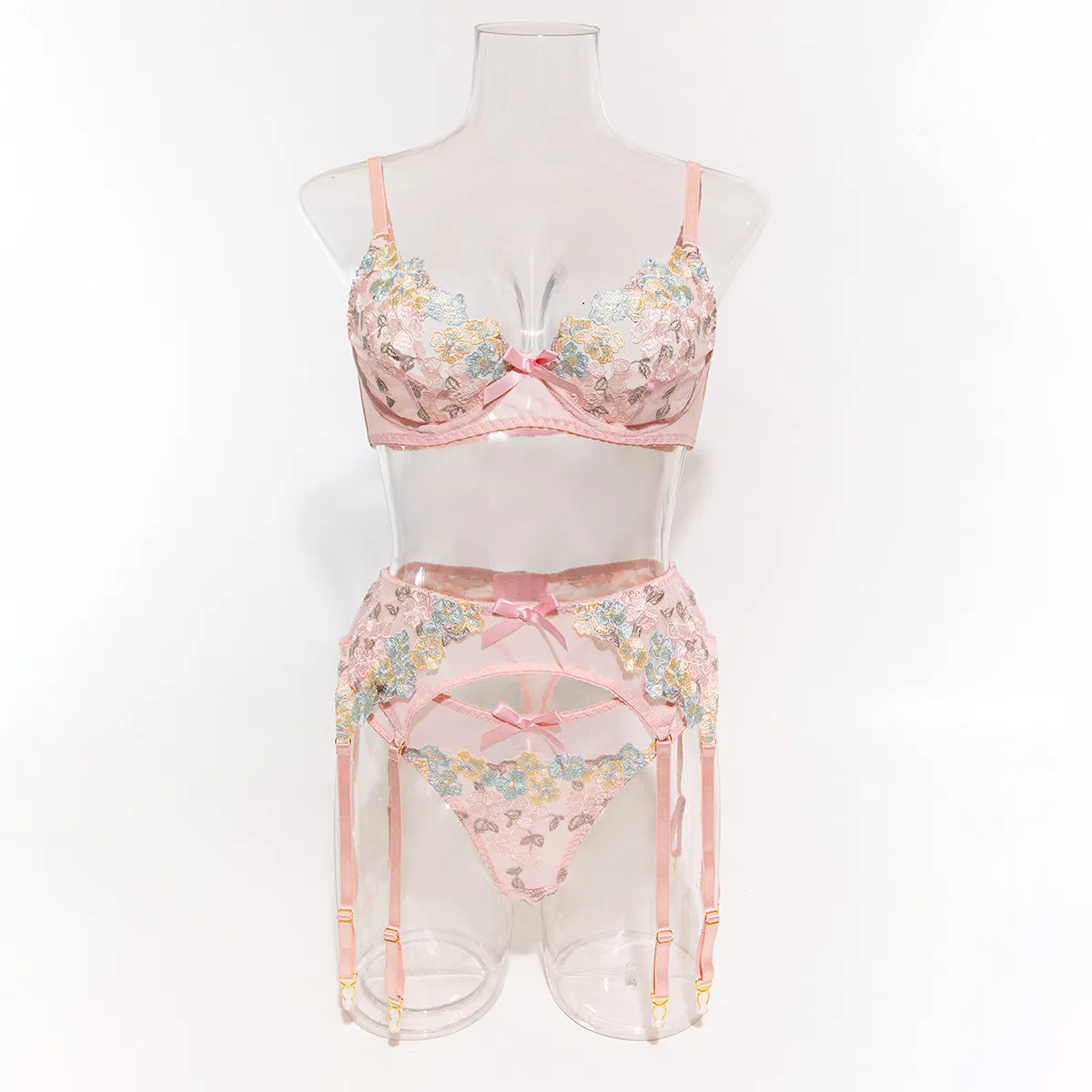 Wholesale Flower Embroidery Underwear Set Sexy Delicate Perspective Mesh Three-Piece Lingerie