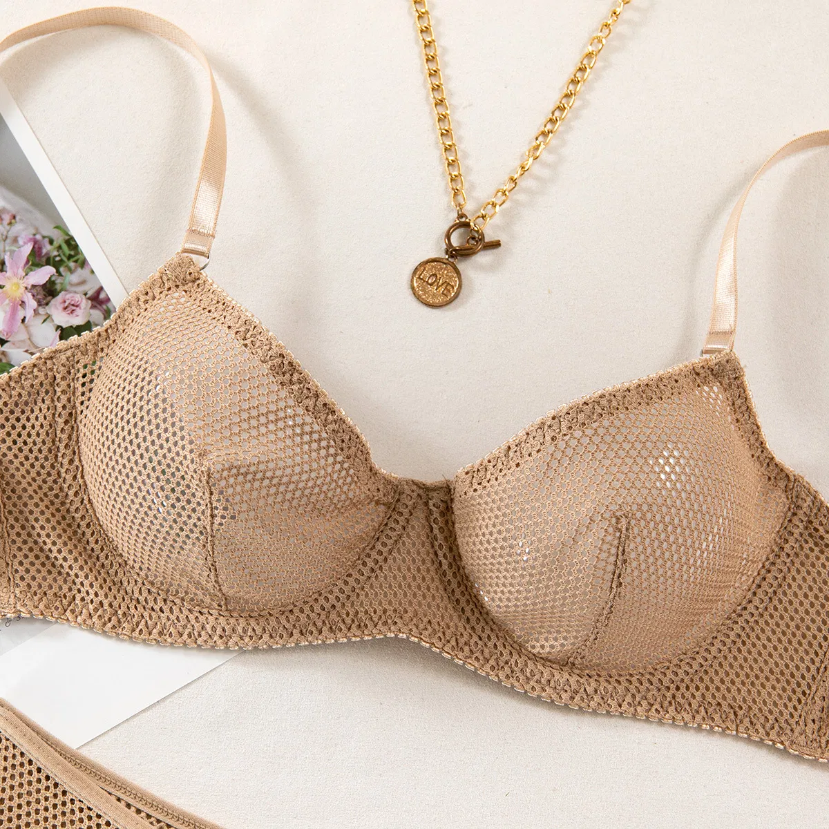 Sexy Erotic Two-Piece Bra and Panty Set for Women Wholesale See-Through Fishnet Mesh Lingerie