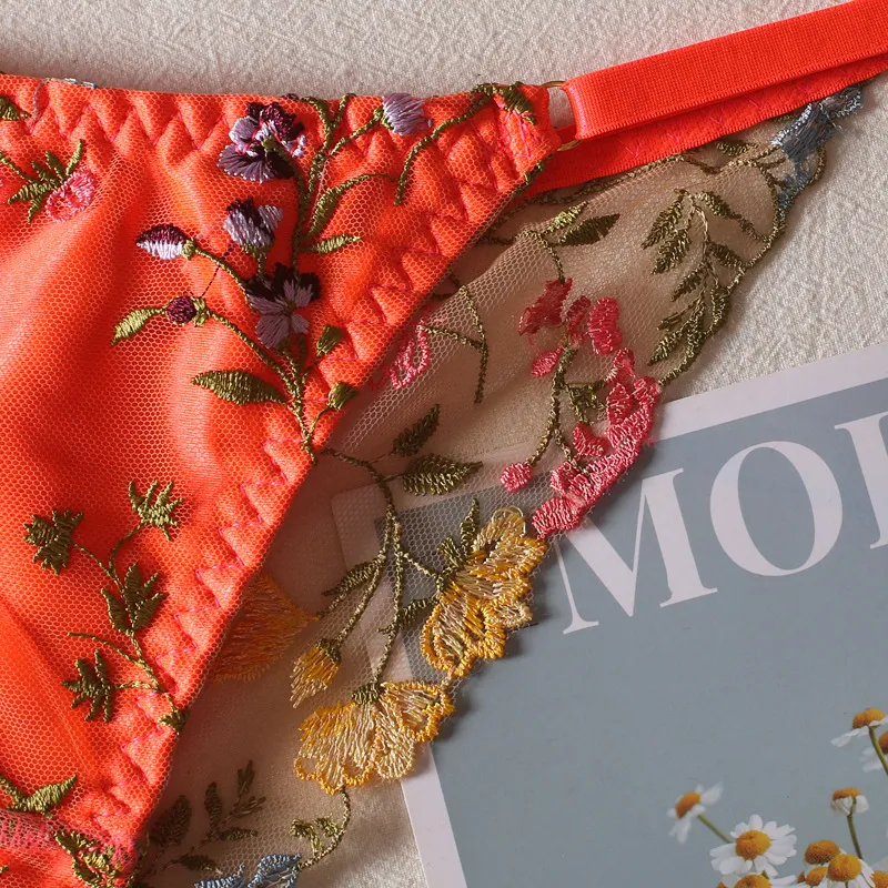 Wholesale Floral Embroidery Transparent Underwear Set Sexy 2 Piece Ladies Lingerie