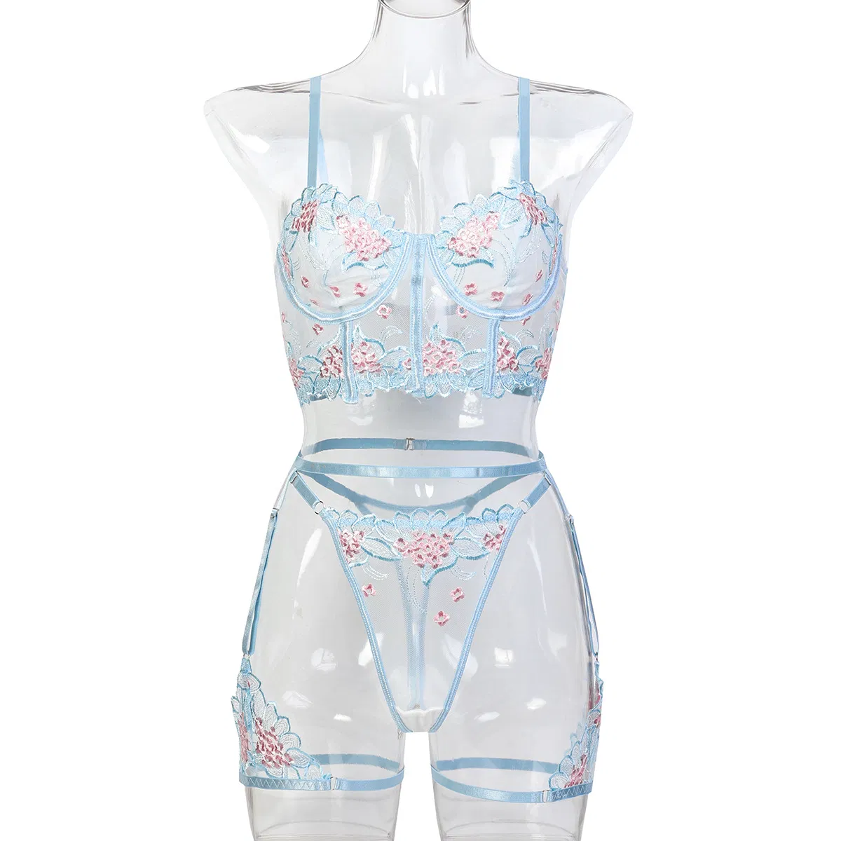 Wholesale Flower Embroidery Underwear Set Sexy See-Through Mesh Woman Lingerie