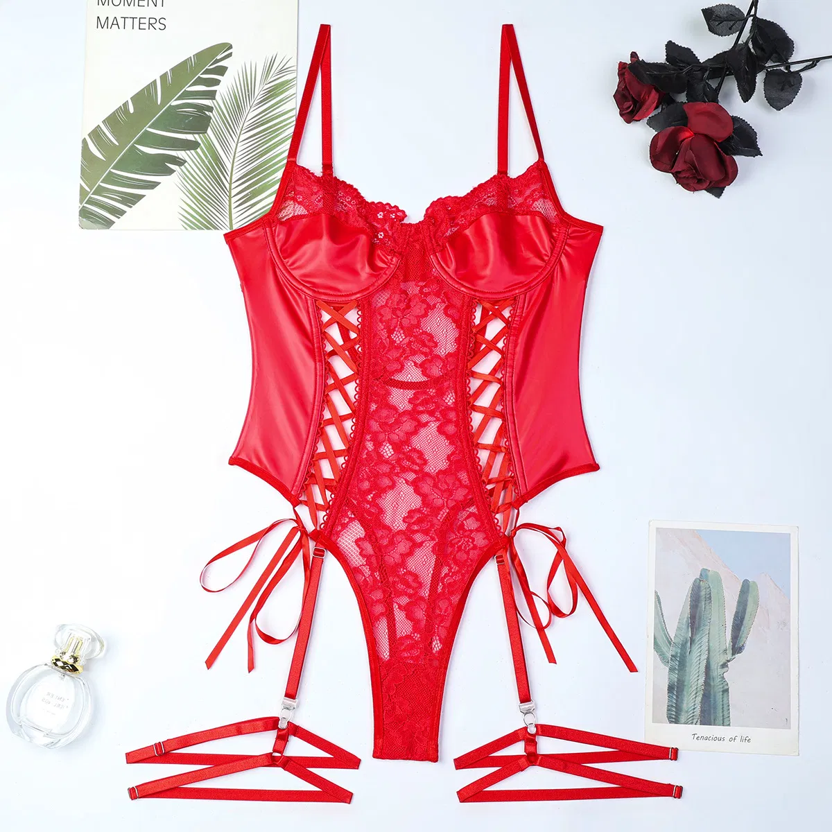 Wholesale Sexy PU Transparent Underwear Set Hot Erotic Bondage One Piece Lingerie