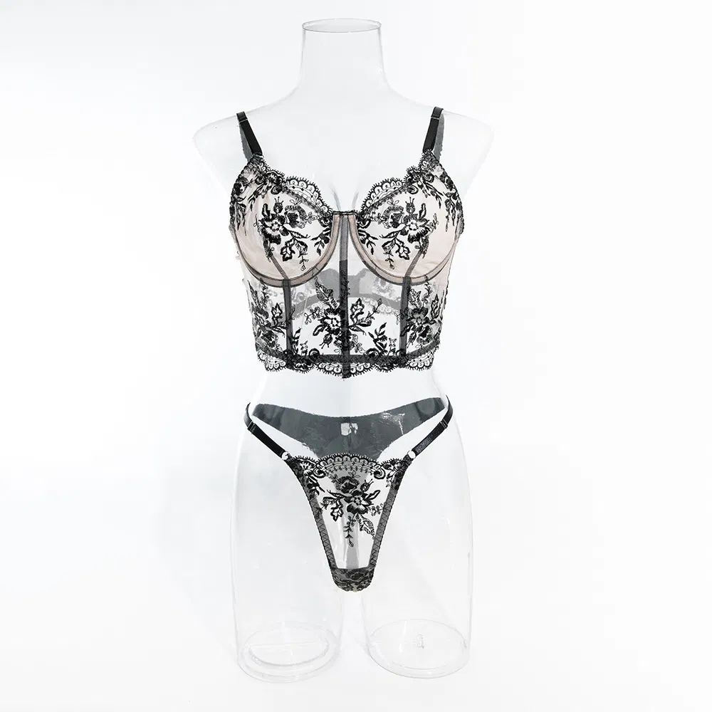 Wholesale Eyelash Lace Fishbone Bra Panty Sets Sexy See-Through Embroidered Women's Lingerie