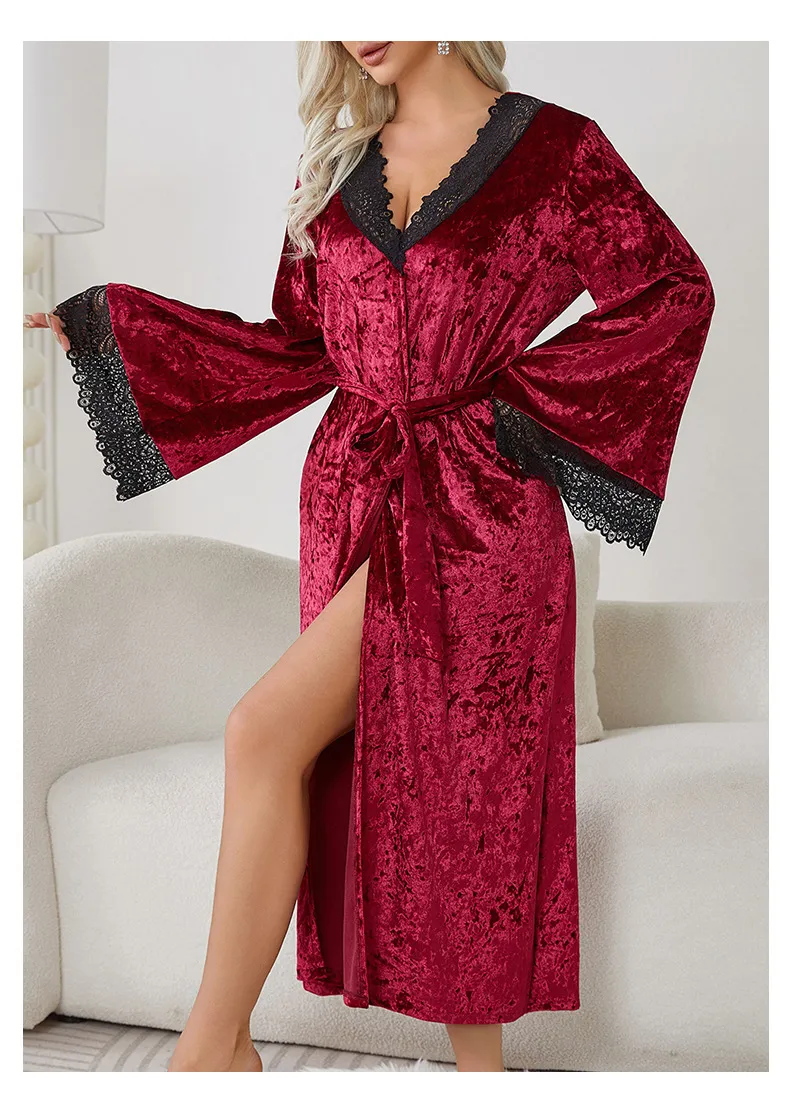 Wholesale Long-Sleeved Sleepwear Nightwear Sexy Microfiber Lace Woman's Robe