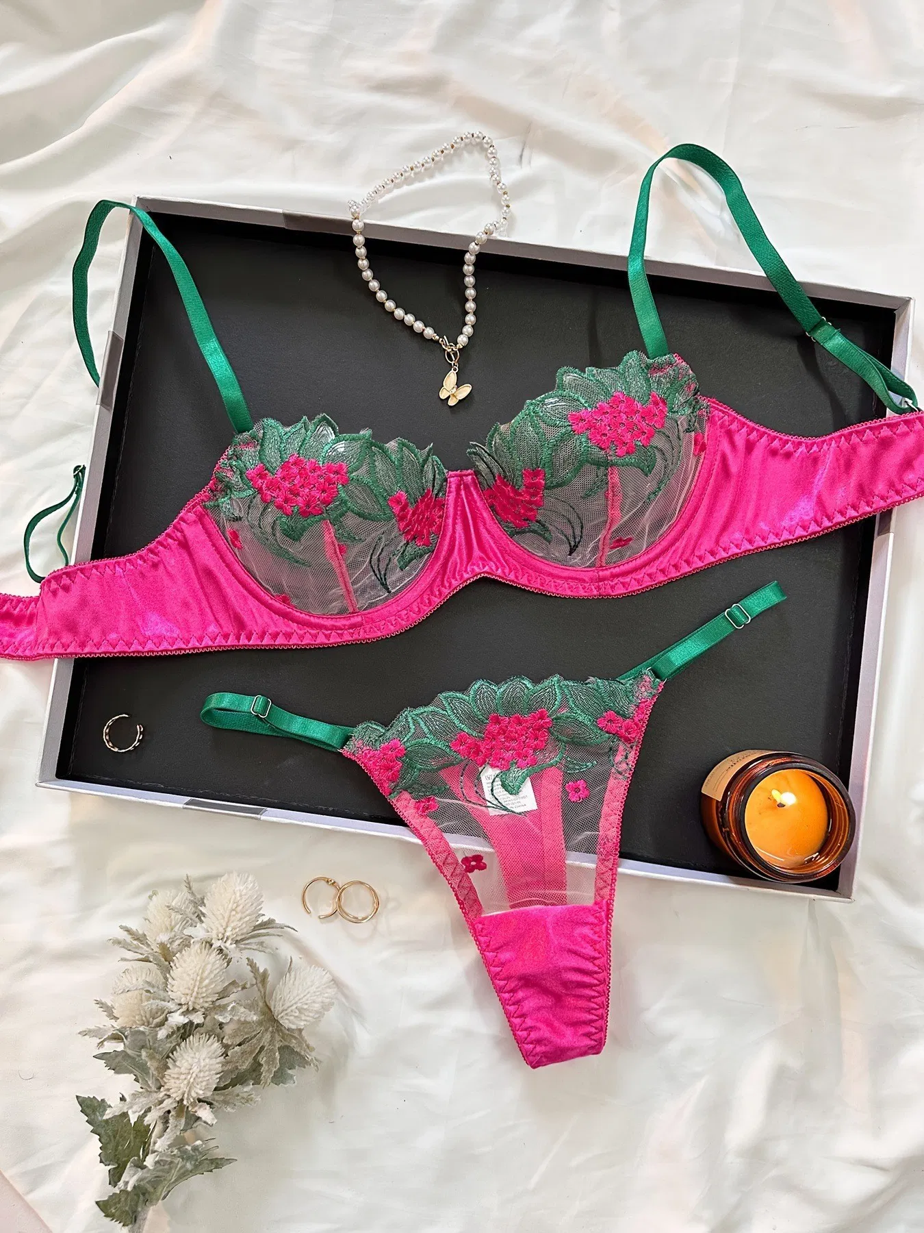 French Ultra-Thin Embroidered Hollow out See-Through Mesh Underwear Set Bra Sexy Lingerie