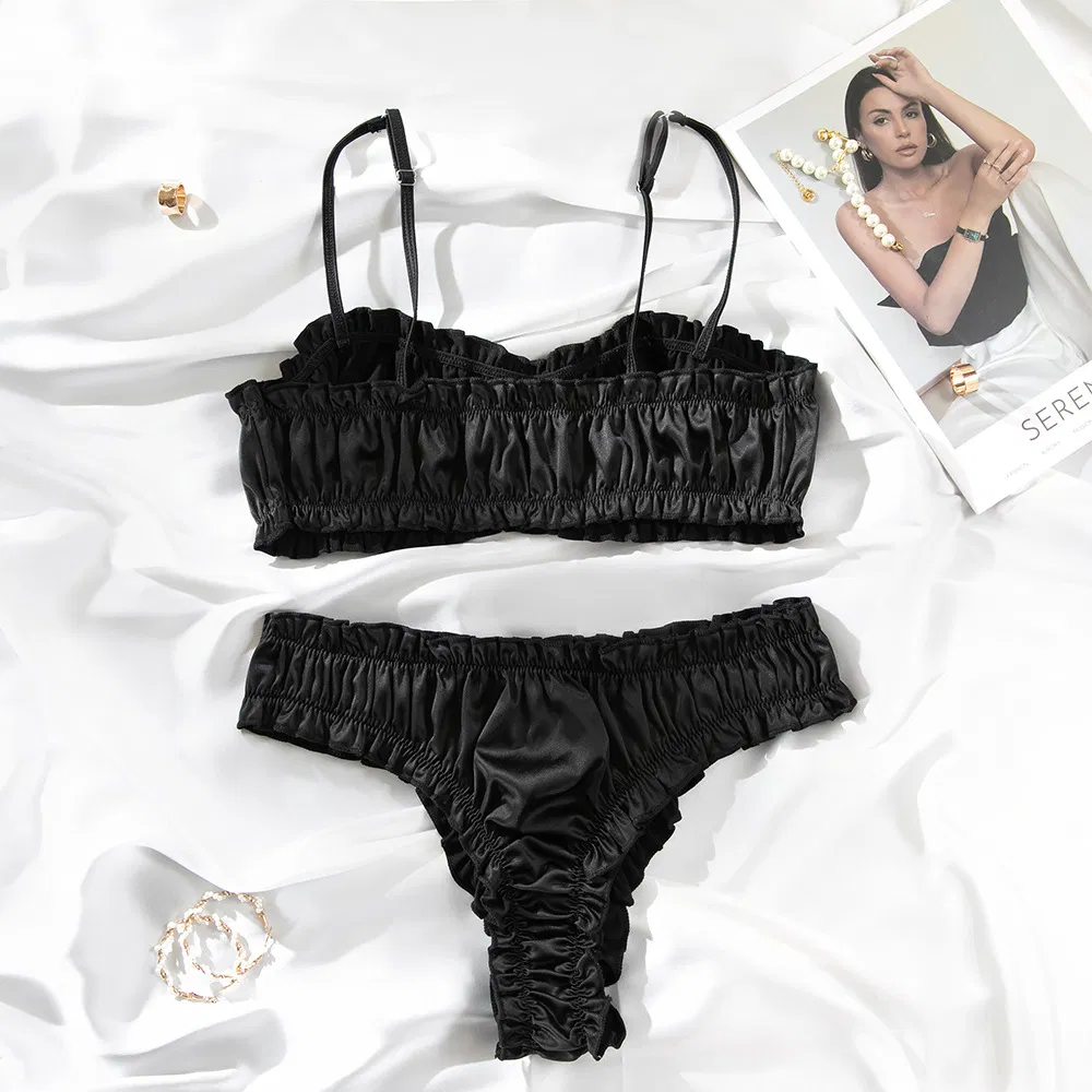 Sexy Two Piece Woman Bra Set Wholesale Solid Color Satin Luxury Lingerie