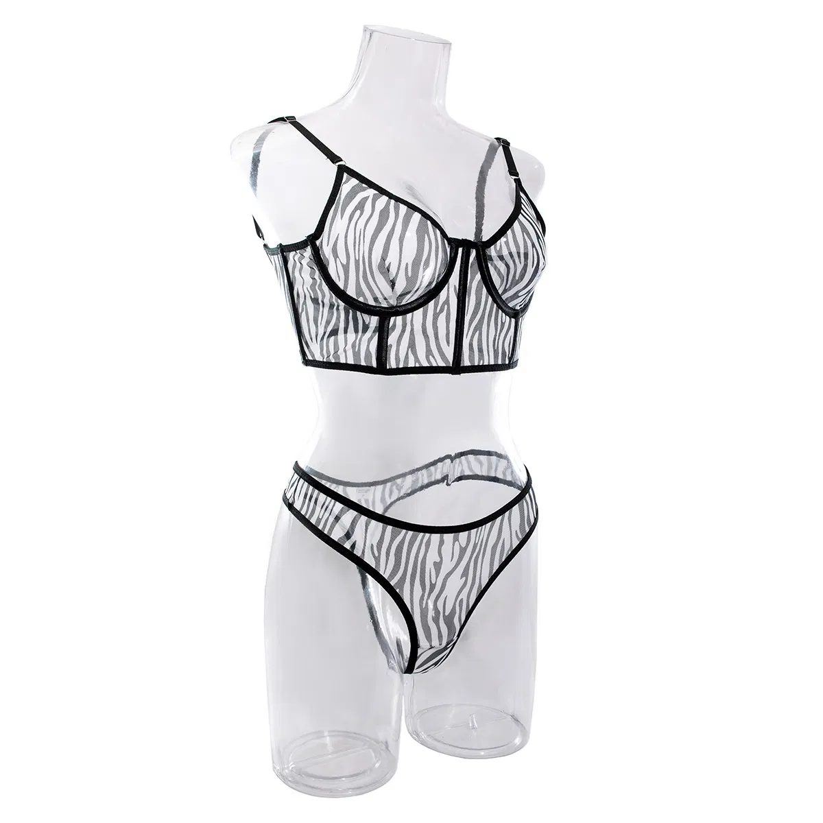 Sexy Fish Bone Contrast Zebra Woman Bra and Thong Set Hot Selling See-Through Mesh Lingerie