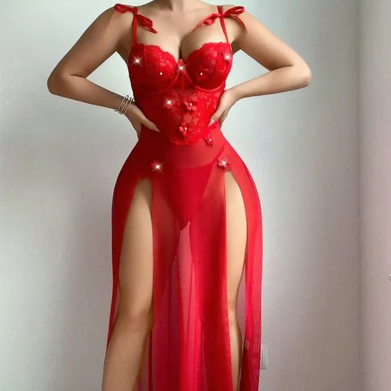 Wholesale Transparent Mesh Underwear Set Sexy Embroidery Flower Pearl Lingerie