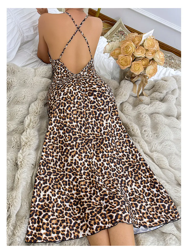 Sexy V-Neck Leopard Print Cross Strap Dresses Nightdress Wholesale Long Sleepwear Nightwear