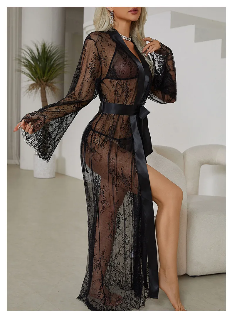 Wholesale Mesh Long Transparent Lace Sleepwear Pajamas Sexy Luxury Women Bath Robe