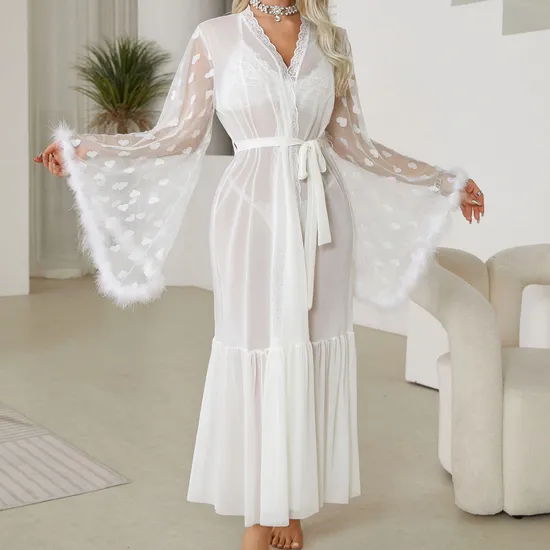 Sexy Long Sleeve Transparent Women Pajamas Sleepwear Wholesale Lace Deep V Bath Robe
