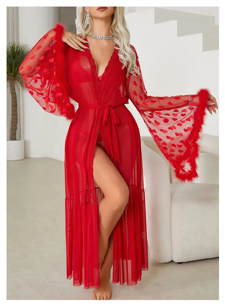 Sexy Long Sleeve Transparent Women Pajamas Sleepwear Wholesale Lace Deep V Bath Robe