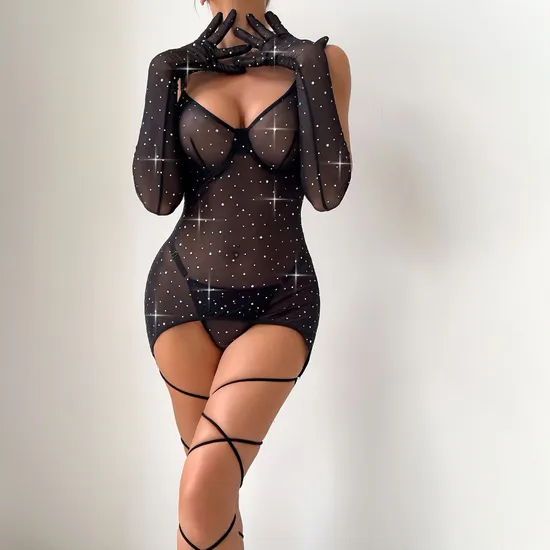 Sexy Transparent Flash Mesh Woman Bra Set with Gloves Wholesale Solid Color Ultral-Thin Lingerie