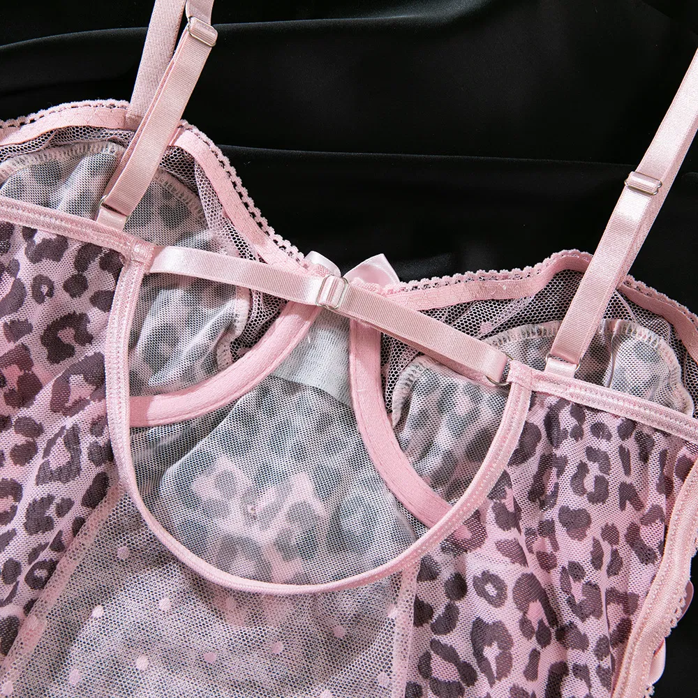 New Style Pink Leopard Print Women Bra Set Sexy Bow Tie One Piece Lingerie