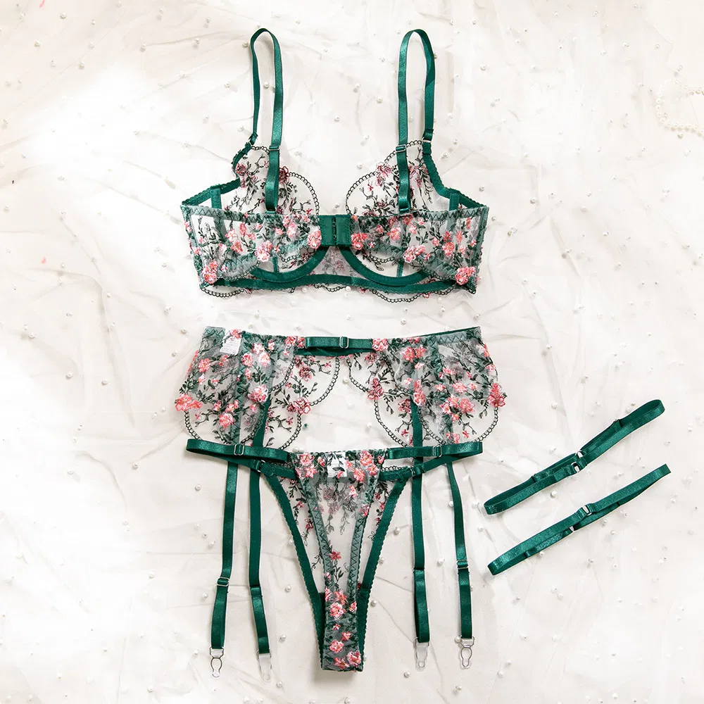 New Flower Embroidery Bra Brief Set Sexy High Quality See-Through Mesh Woman Lingerie