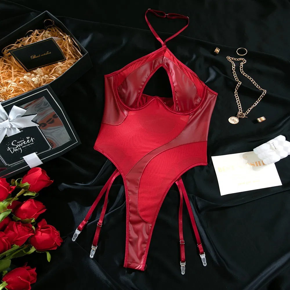 Sexy See-Through Leather Patchwork Mesh Underwear Set Wholesale Hollow out One-Piece Lingerie
