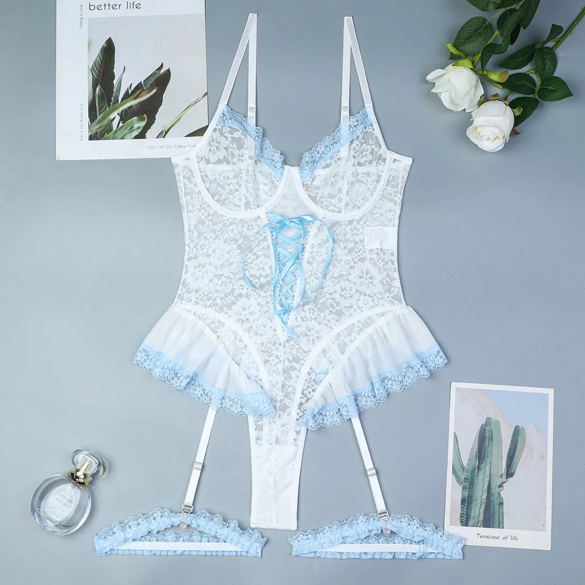 Wholesale Erotic See-Through Woman Bra Set Sexy Embroidery Lace One Piece Lingerie