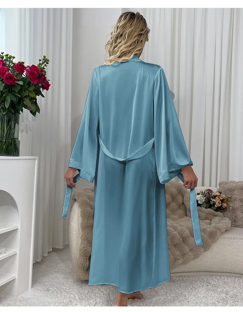 Wholesale Solid Color Satin Sleepwear Sexy Long Sleeve Woman Silk Night Robe