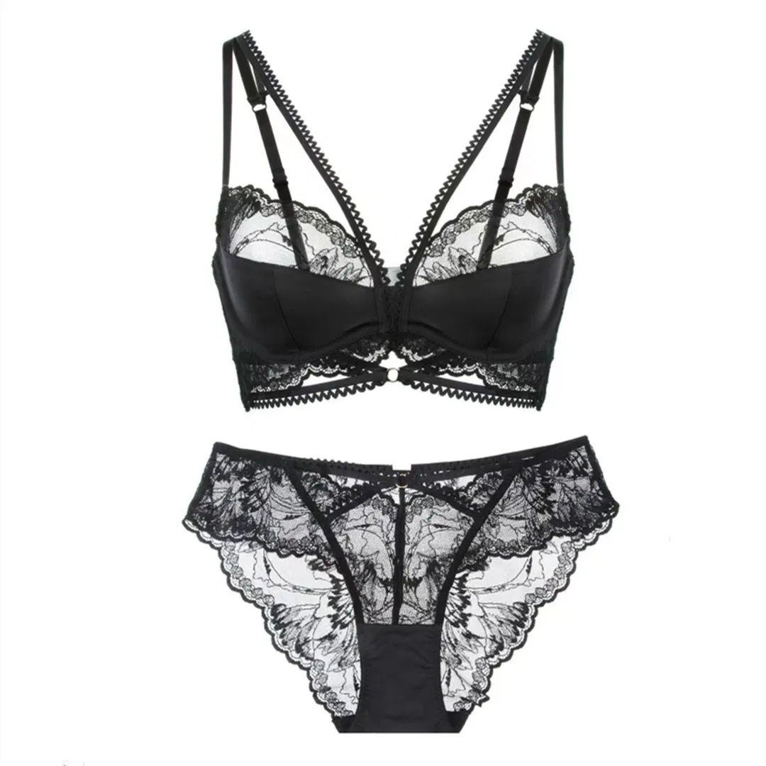 New Style French Transparent Embroidery Lace Trim Breathable Ultra-Thin for Women Soft Bra Underwear Sexy Lingerie Set