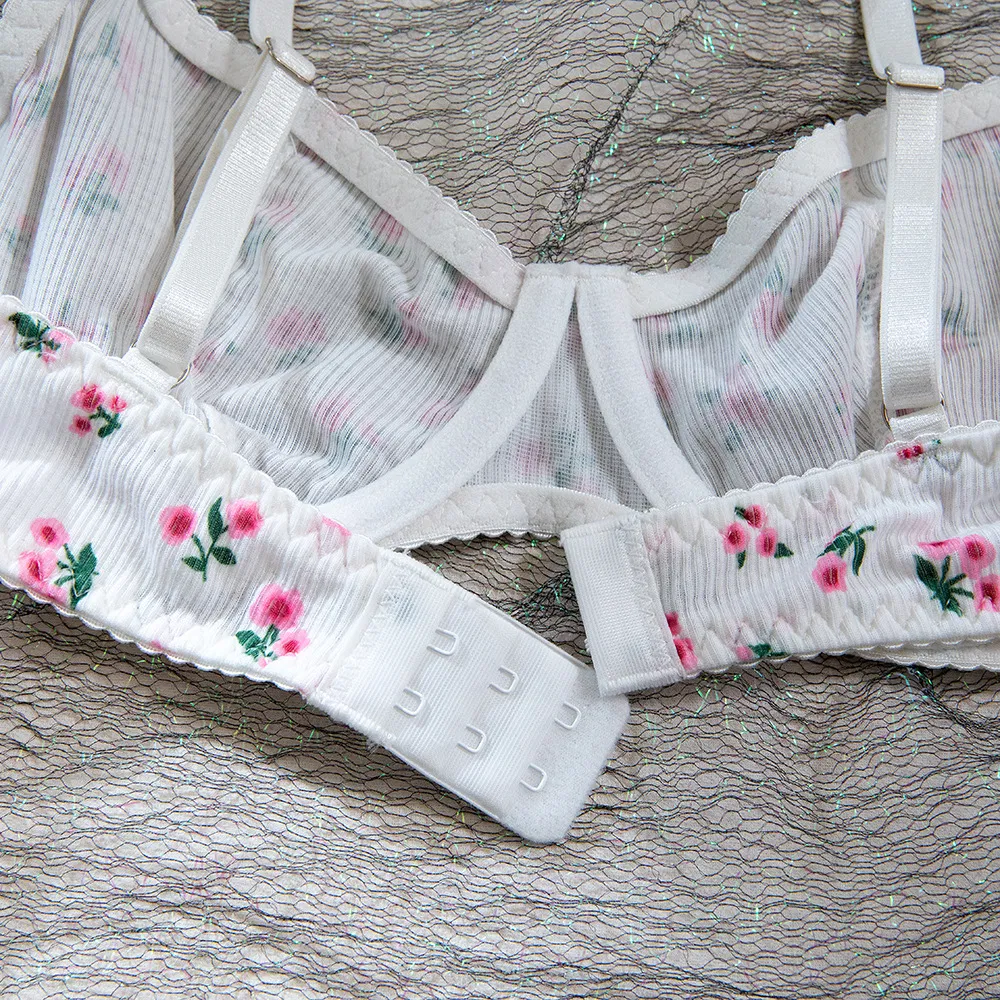 New Fashion Floral Print Two-Piece Bra Set Sexy See-Through Women Lingerie