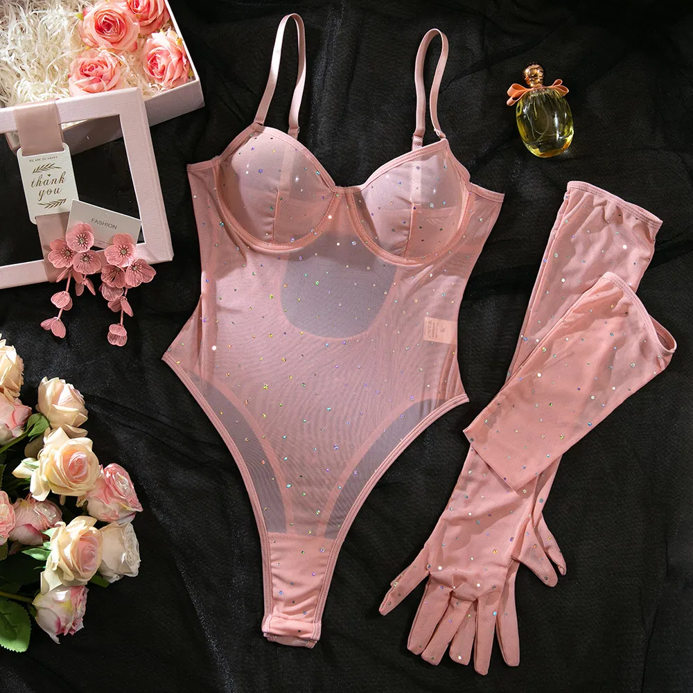 Sexy Perspective Mesh Bra Set with Gloves Hot Sell Sparkle Rhinestone One-Piece Lingerie
