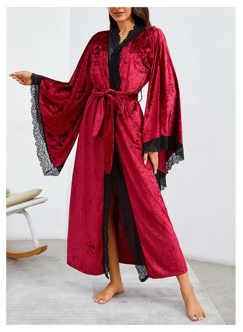 Sexy Luxury Sleepwear Nightwear Wholesale Velvet Lace Long Sleeve Woman Bath Robe
